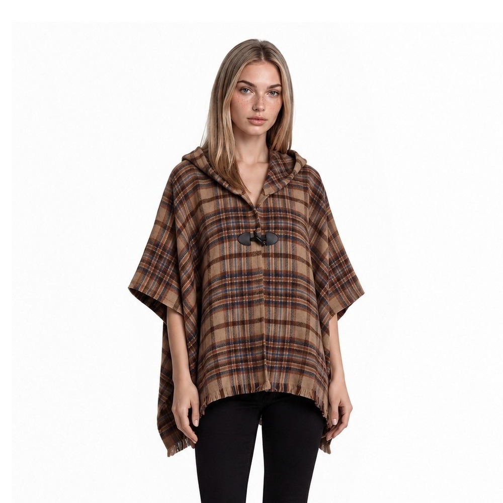 Aerie Poncho Women's One Size Tan Plaid Hooded Toggle Fringe Wrap Cape